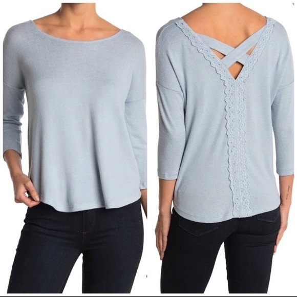 NWT Bobeau Dusty Blue Crisscross Back 3/4 Sleeve Knit Pullover Sweater Size M - Picture 1 of 3